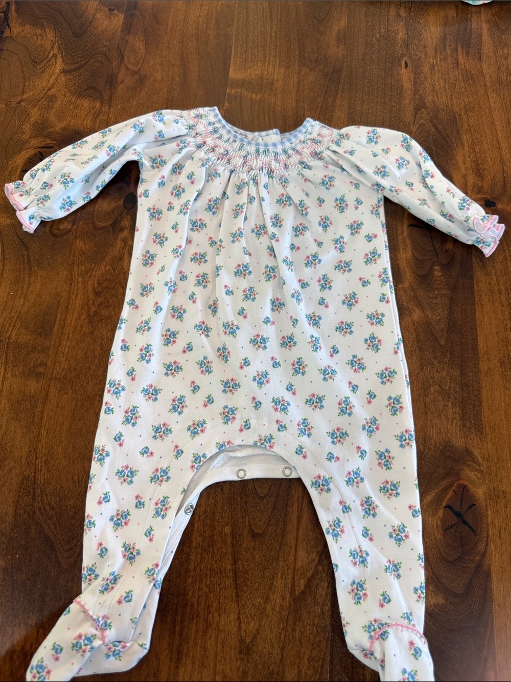 Smocked Floral Footie One-Piece - White with Pink & Blue Floral
